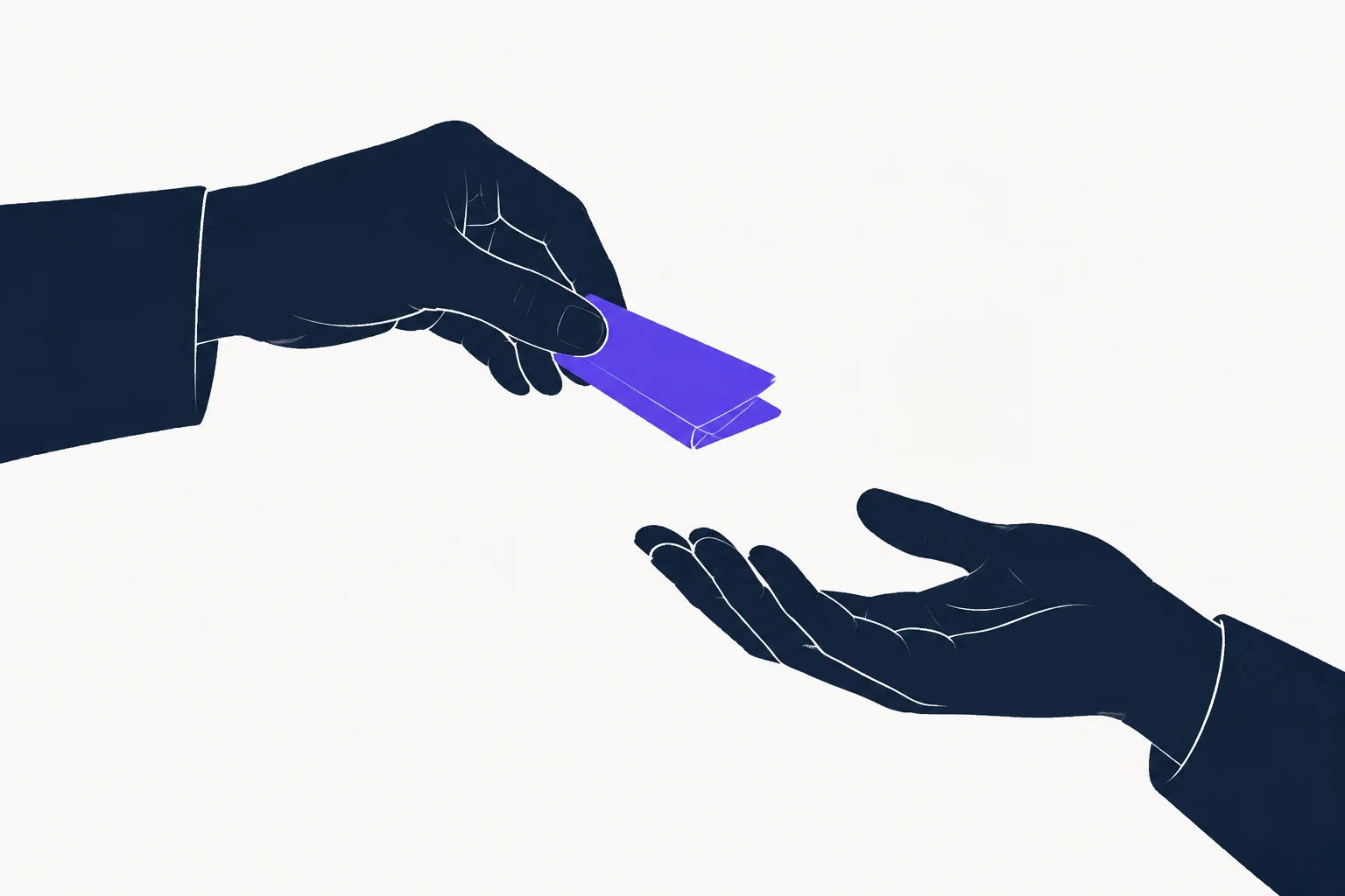 One hand passes a violet folded piece to an open hand.
