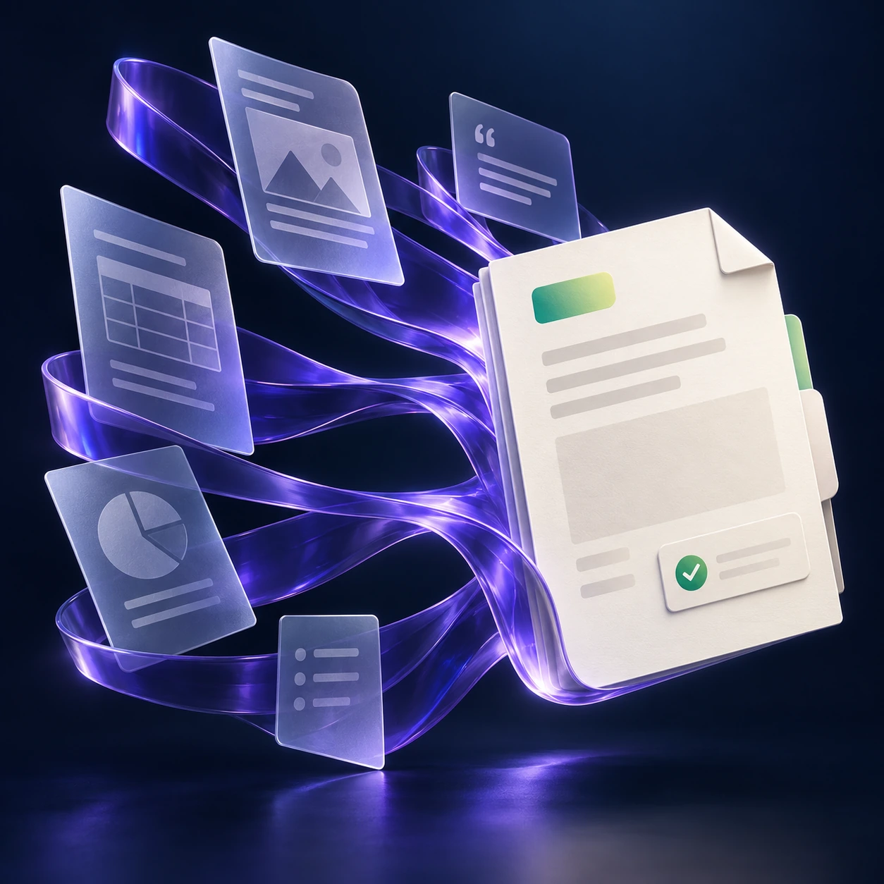 Translucent source cards converge along violet glass ribbons into a document with a human review mark.