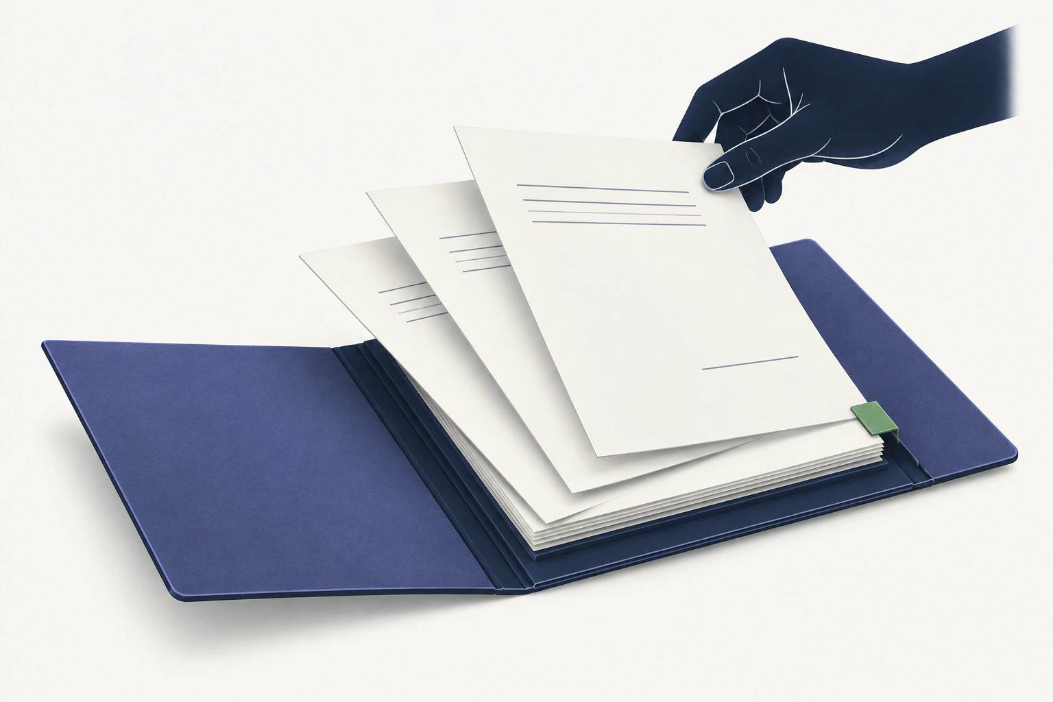 A navy hand brings source sheets together in an open working folio.