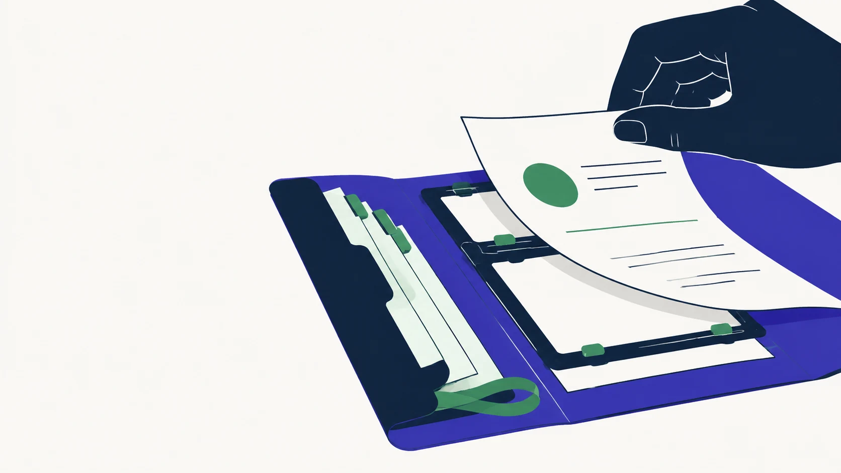 A hand lifts a document from a connected workspace.